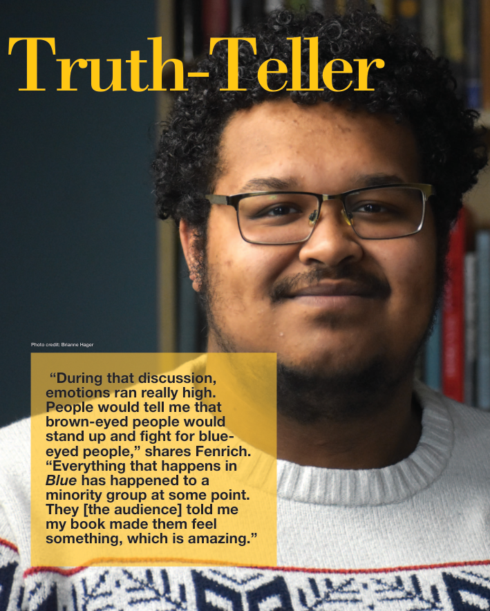 [ID. A page from SK Arts' 2024 Arts Saskatchewan Magazine. A picture of Miguel Fenrich is the setting for yellow words that say 'Truth-teller. End.]