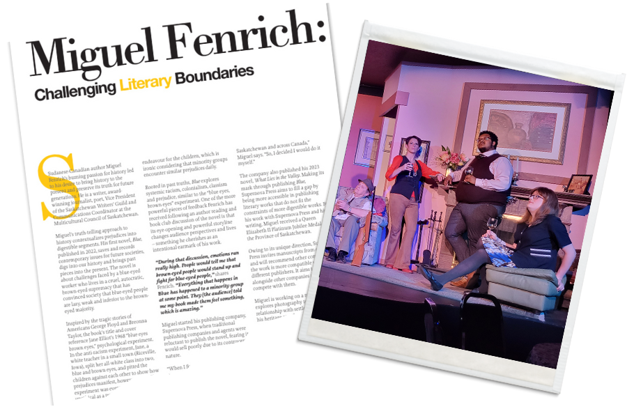 [ID: A portrait of Miguel A. Fenrich with books in the distance behind him that include his novels 'Blue'; and 'What Lies in the Valley'. He has curly black hair, black glasses, his light brown skin, a black moustace and light beard, and is wearing a black t-shirt with an open textile-themed dress shirt. He is smiling. End.]