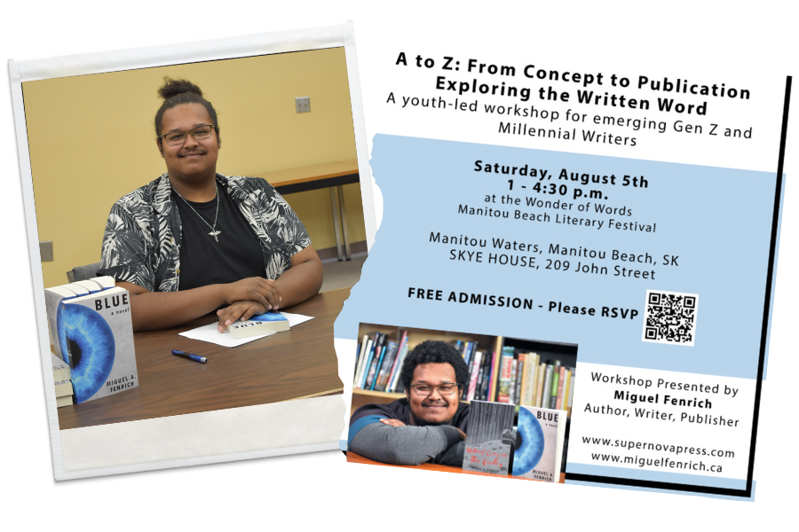 [ID: A portrait of Miguel A. Fenrich with books in the distance behind him that include his novels 'Blue'; and 'What Lies in the Valley'. He has curly black hair, black glasses, his light brown skin, a black moustace and light beard, and is wearing a black t-shirt with an open textile-themed dress shirt. He is smiling. End.]