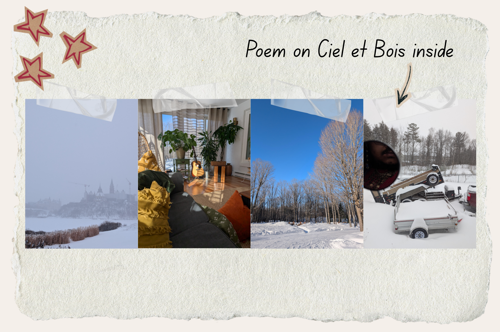 Words read "Poem on Ciel et Bois inside" with an arrow pointing to four photos from Miguel Fenrich's trip to Ottawa for a youth activism reatreat in 2026.